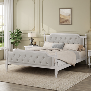 Traditional Style Solid Wood <b>Bed</b> Frame with Upholstered Tufted Headboard,No Box Spring Needed,<b>Queen</b> <b>Size</b> - Product Image 2