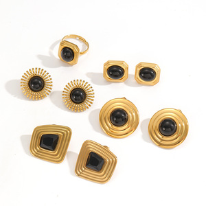 Ensemble de boucles d'oreilles géométriques en zircon noir et acier inoxydable, bijoux de fête, clous et anneaux, design unique et tendance - Product Image 2