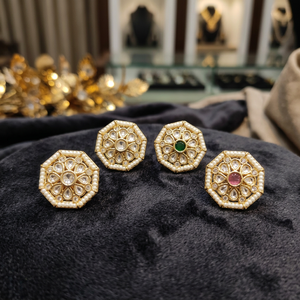 Anillo Hexagonal Ajustable de Lujo Chapado en Oro con Kundan para Mujer |   Anillo de Cóctel con Borde de Perlas y Diamantes Americanos CZ | - Product Image 3