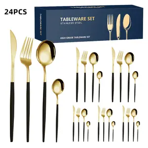 24 Pcs in a box Color handle flatware black and gold wedding cutlery set utensils cafe stainless steel souvenirs for guests