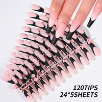 120 pièces/sac Ballet Press on Nails Long Black French Tip Matte Acrylique Nails avec Nude Pinkish Full Cover Design Artificial Tips