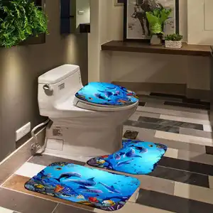 4 Pcs Non Slip Bathroom Rug Set With Luxury Sea Animals Print Bathroom Polyester Shower Curtains Bath Mat Set Toilet Rug