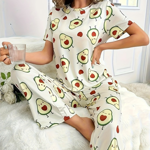 Set <span class=keywords><strong>Pigiama</strong></span> da Donna in Tessuto Morbido e Setoso con Stampa di Avocado, Top a <span class=keywords><strong>Maniche</strong></span> <span class=keywords><strong>Corte</strong></span> e <span class=keywords><strong>Pantaloni</strong></span> <span class=keywords><strong>Lunghi</strong></span>, Traspirante - Product Image 4