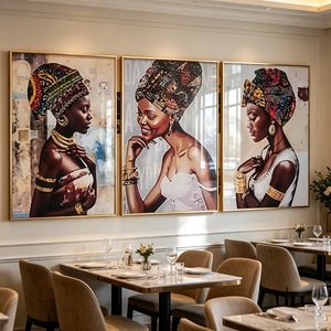 wholesale Custom Luxury Ethnic African Lady Wall Art 3 Panel Gold Jewelry Portrait Home Decor Crystal Porcelain <b>Painting</b> - Product Image 4