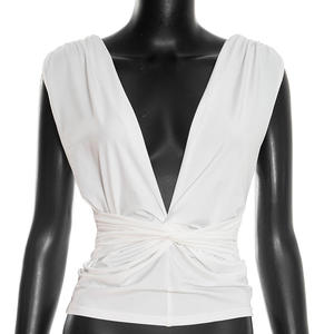 Viviblook J26TP038 Vêtements d'été pour femmes Nouveau pull à col en V couleur unie plissé torsadé débardeur - Product Image 1