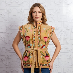 Chaleco Corto de Algodón para Invierno, Bordado a Mano, Acolchado, Transpirable, Ecológico, de Terciopelo Suzani, Estilo Boho, sin Mangas, con Diseño Floral - Product Image 1