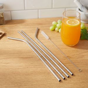 Reusable <b>Metal</b> Drinking <b>Straws</b> 5 Pack Minimalist Design Cocktail Bar Accessories Stainless Steel Straight and Bent Styles - Product Image 2