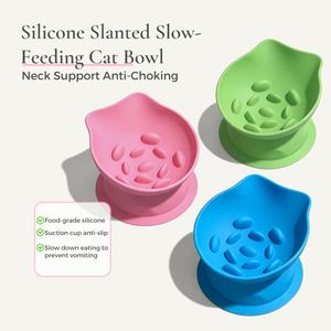 Food Grade Silicone Elevated <b>Cat</b> Bowl 15° Tilted Slow <b>Feeder</b> Pet Bowl Suction Base Neck Protection Anti-Vomiting Whisker Relief - Product Image 4