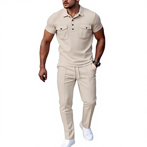 Men's Customized Solid Polo Shirt Set with Pockets Matching Pants Casual Knitted 100% Cotton Breathable Summer Wear - Product Image 1