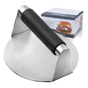 Prensa redonda antiadherente para hamburguesas de 5,5 pulgadas, prensa de hamburguesas de fondo plano liso de acero inoxidable, prensa para hamburguesas con mango antiescaldado