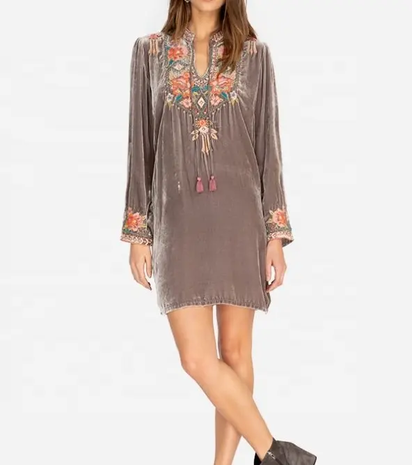 Cute Tassels Women Velvet Tunic ST-2419 Embroidered Floral Long Sleeve Blouses & Tops Shirt / Blouse Casual OEM Service Notched