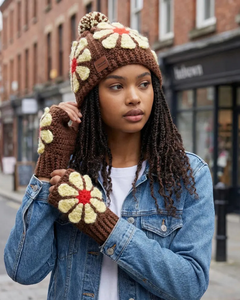 Ensemble bonnet et gants sans doigts en crochet à fleurs, marron, avec pompon, tricoté à la main, pour l'automne et l'hiver - Product Image 3