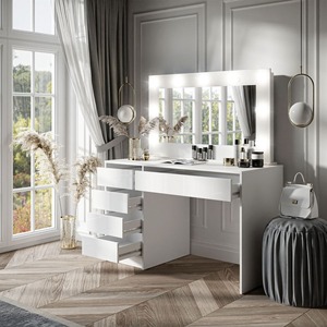 Coiffeuse blanche minimaliste en usine avec grand miroir et lumières LED à 5 tiroirs pour chambre à coucher - Product Image 1