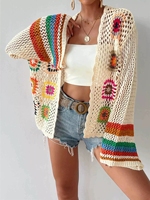 Nationaler Stil Häkelarbeit Regenbogen Langarm-Cardigan Handgestrickter Pullover mit Durchbrochenem Oberteil