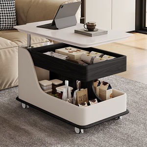 Table d'appoint en bois massif réglable en hauteur avec plateau en verre trempé, multifonctionnelle, pour table basse ou chariot de service - Product Image 2