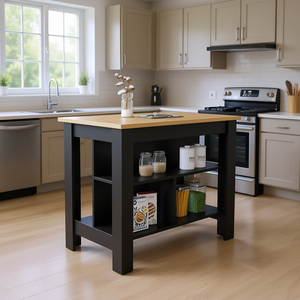Cala Kitchen Island con Cuatro Patas y Tres Estantes Negro/Roble Claro-Elegante Carro para Tu Cocina - Product Image 2