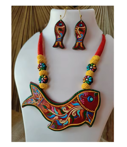 Ensemble collier et boucles d'oreilles élégants en terre cuite, bijoux légers pour des occasions festives, culturelles et modernes - Product Image 6