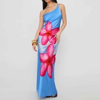 Nouvelle robe longue de soirée en satin bleu à imprimé floral numérique, asymétrique et sans manches, style cache-cœur