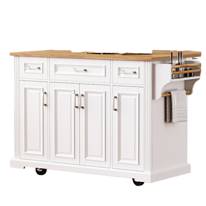 Îlot de cuisine moderne blanc avec dessus en bois, 3 tiroirs, 4 portes, portable sur roulettes - Product Image 1
