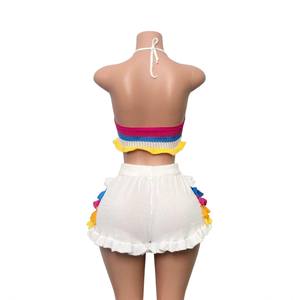 Viviblook Z0130ST04 Ensemble tricoté sexy pour femme, haut tricoté contrasté à bretelles et short à volants, ensemble deux pièces - Product Image 5