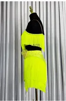 Robe de danse latine jaune néon personnalisée pour filles, avec franges et pompons, costume de compétition de salsa, tenue de danse latine, ensemble de robe