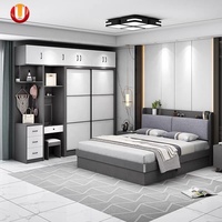 2024 nouveau Style Double taille en bois chambre meubles lit multifonctionnel gris clair lit de rangement avec LED et doux rembourré