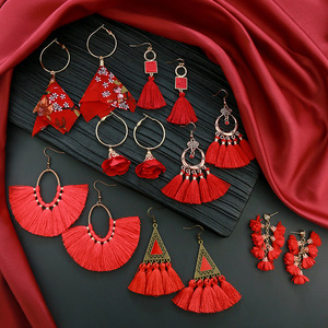 Red <b>Tassel</b> <b>Earrings</b> Chinese Style Bohemian Ethnic Fashion For Wedding New Year Adult Polyester Clip On - Product Image 1