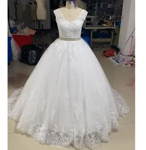 Vestido de novia personalizado con escote en V, Blanco/Marfil, apliques, vestidos de novia baratos con cinturón de diamante