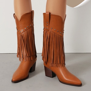 Nouvelles Bottes en Cuir à Pompons pour Femme 2025, Noires et Marron, à Bout Carré, Montantes, Rehaussantes, Chaudes pour l'Automne et l'Hiver - Product Image 4