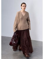 Pull en cachemire pur à 100 % anti-rides, fil moucheté minimaliste, col en V profond, pour femme, coupe oversize, épaules tombantes, tricot côtelé long