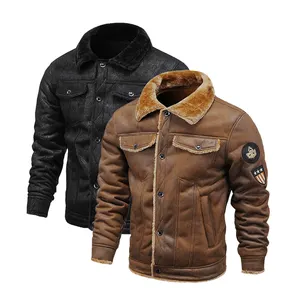 New Jacket for Men 2022 Military Style Winter Fleece Lining Brown Thick Turn Down Collar Suede Jacket