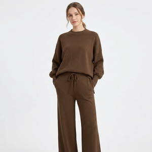 Custom Logo Women's Vintage Two Piece Knit Tracksuit Autumn Loose Fit Drawstring <b>Hoodie</b> Sweatpants Set Casual Sweatsuit - Product Image 1