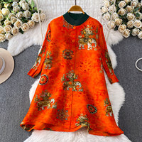 Robes Rétro Élégantes pour Femme – Robe Longue Plissée Imprimée Extensible à Manches Longues, Style Jeune et Tendance, Jupe Cardigan