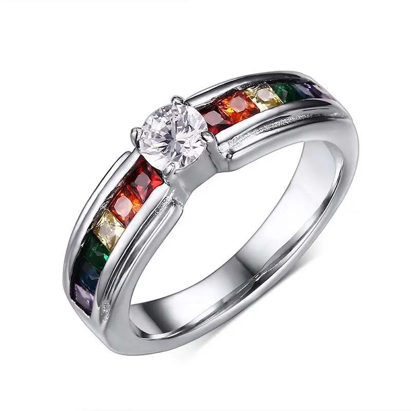 Anillo de boda de acero inoxidable con Zirconia cúbica, anillo de boda con arcoíris, corte princesa Gay, lesbiana