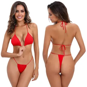 2024 Neu heiß extrem sexy Mikro Bikini Bademode Strandbekleidung Damen zweiteiliges Mini-String-Bikinis-Set Push-Up solider Mädchen-Badeanzug