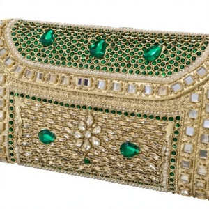 Green Brass Metal <b>Frame</b> Rectangle Pattern Pearl Rhinestone Embellished Bridal Clutch Magnetic Closure Satin Lining Chain Strap - Product Image 1
