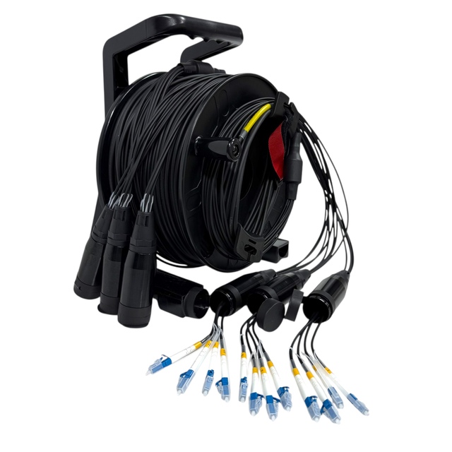 100m 12-Core Tactical Armored Single Mode Fiber Optic Cable G657.A1 TPU Jacket with Kevlar, Outdoor LC-LC with PCD235 Reel