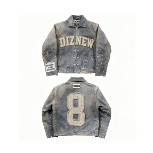 جاكيت جينز رجالي مخصص من DiZNEW، تصميم عصري بشعار مخصص، فضفاض بطراز قديم مع غسيل وتآكل ومرصع بالأحجار - Product Image 4