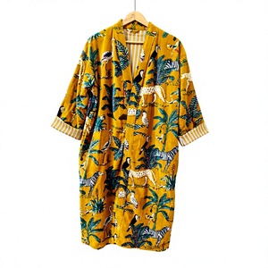 Bata tipo kimono de algodón con estampado animal amarillo para mujer, ropa de dormir informal de manga tres cuartos de longitud completa, ropa de verano - Product Image 1