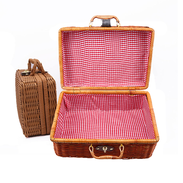 Leather Strap Metal Lock Retro Suitcase Prop Willow Hamper Kit Classical Brown Size L Wicker Picnic Basket Box Set