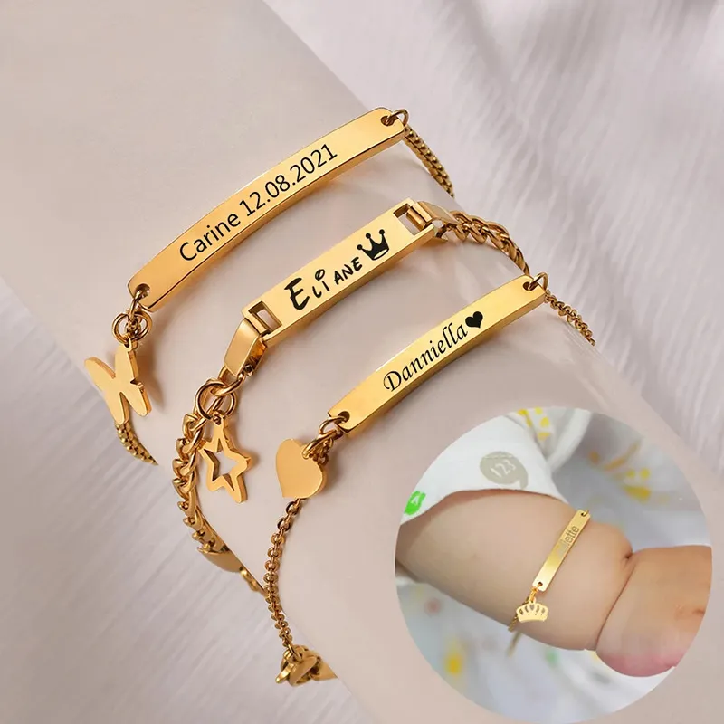 Groothandel Custom Diy Naam Kind Sieraden 18K Goud Rvs Charme Bar Baby Armband Voor Jongens Meisjes