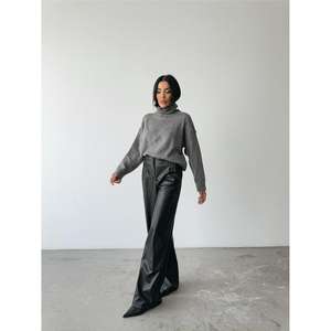 Pantalon palazzo en cuir, jambe large, taille haute, noir, tissu PU anti-rides, pantalon pour femmes - Product Image 5