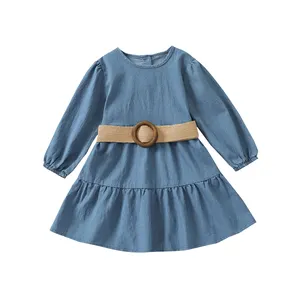 rts 2021 autumn foreign trade children clothing girls long-sleeved denim kids princess dress with belt