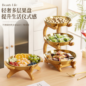 Stainless Steel Fruit <b>Plate</b> Multi Layer Dessert Snack <b>Rack</b> With Bamboo Frame For Serving Trays - Product Image 1