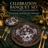 Assiettes de Présentation en Porcelaine Marron Espresso, Ensemble de 6,5, 8, 10,5 et 12 Pouces, Bord Doré Festonné, pour Location de Vaisselle de Mariage et Banquet d'Automne