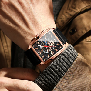 Binbond Square Skeleton Quartz Watch Men's Leather Strap Moon Phase Analog 30M Waterproof B6575 - Product Image 3