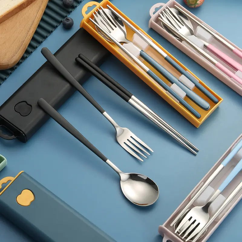 Hot Selling Colorful Portable Spoon and Fork Chopsticks Stainless Steel Rose Gold Flatware Camping Travel Cutlery Set with Case