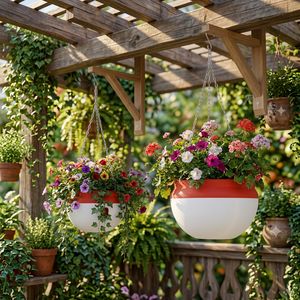 Pots de fleurs suspendus en plastique blanc et rouge, design circulaire, jardinières pour usage extérieur et intérieur, grande taille - Product Image 1