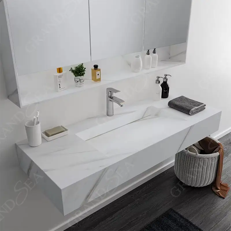 Lavatório de mão moderno para bancada de móveis de parede de superfície sólida, pia de pedra artificial, lavatório de banheiro com padrão