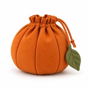 <b>Makeup</b> Pouch Pumpkin Shape Gathered Pleat Drawstring Leaf Charm Caramel Orange Wash <b>Bag</b> Custom Logo Gift - Product Image 3